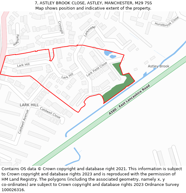 7, ASTLEY BROOK CLOSE, ASTLEY, MANCHESTER, M29 7SS: Location map and indicative extent of plot