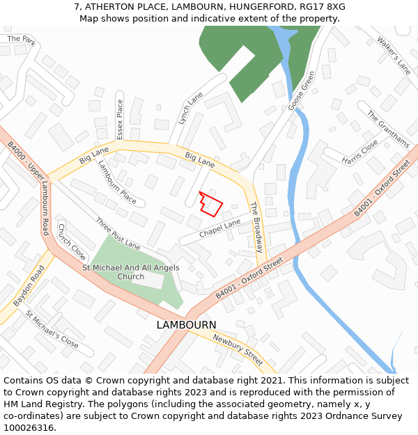 7, ATHERTON PLACE, LAMBOURN, HUNGERFORD, RG17 8XG: Location map and indicative extent of plot