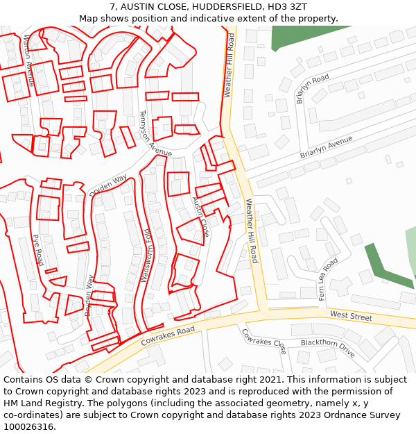 7, AUSTIN CLOSE, HUDDERSFIELD, HD3 3ZT: Location map and indicative extent of plot