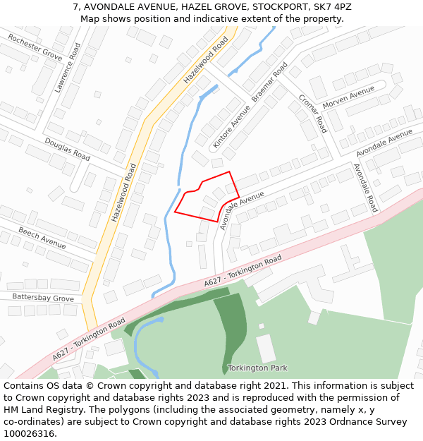 7, AVONDALE AVENUE, HAZEL GROVE, STOCKPORT, SK7 4PZ: Location map and indicative extent of plot