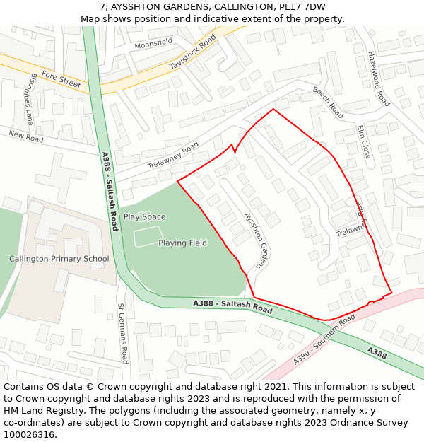 7, AYSSHTON GARDENS, CALLINGTON, PL17 7DW: Location map and indicative extent of plot