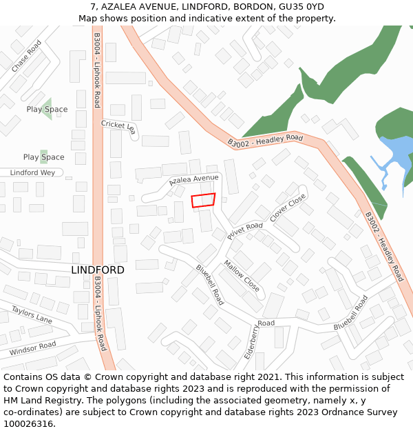 7, AZALEA AVENUE, LINDFORD, BORDON, GU35 0YD: Location map and indicative extent of plot