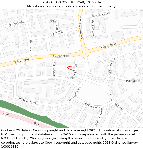 7, AZALIA GROVE, REDCAR, TS10 2UA: Location map and indicative extent of plot