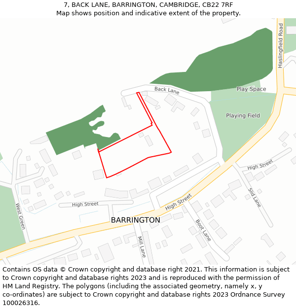 7, BACK LANE, BARRINGTON, CAMBRIDGE, CB22 7RF: Location map and indicative extent of plot