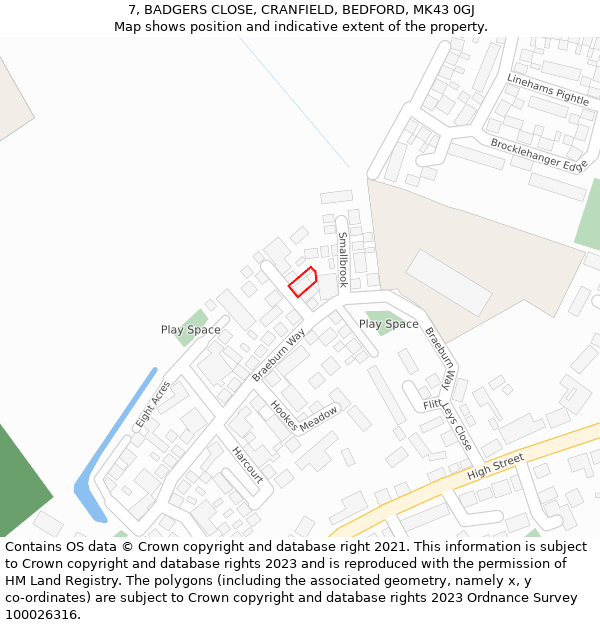 7, BADGERS CLOSE, CRANFIELD, BEDFORD, MK43 0GJ: Location map and indicative extent of plot