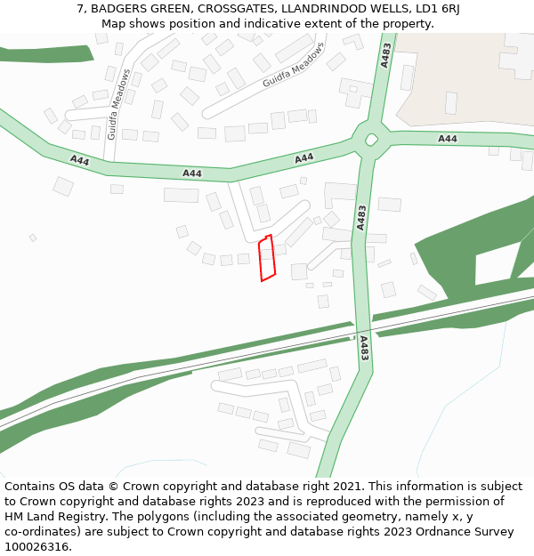 7, BADGERS GREEN, CROSSGATES, LLANDRINDOD WELLS, LD1 6RJ: Location map and indicative extent of plot