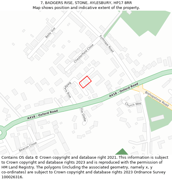 7, BADGERS RISE, STONE, AYLESBURY, HP17 8RR: Location map and indicative extent of plot