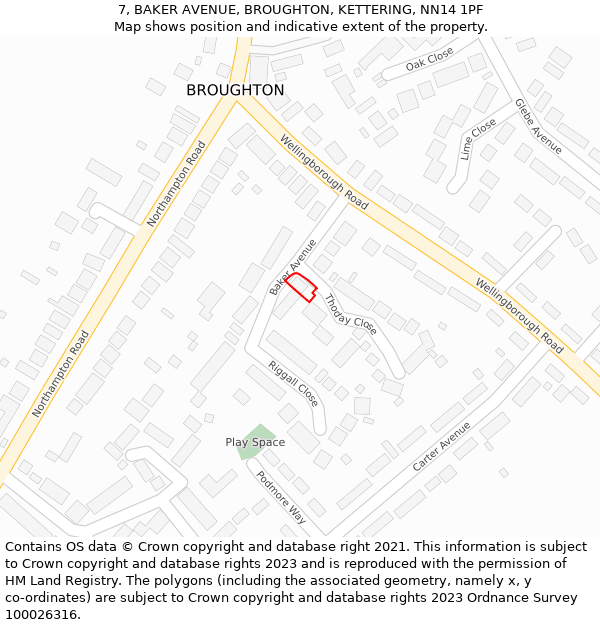 7, BAKER AVENUE, BROUGHTON, KETTERING, NN14 1PF: Location map and indicative extent of plot