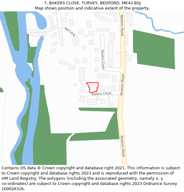 7, BAKERS CLOSE, TURVEY, BEDFORD, MK43 8GJ: Location map and indicative extent of plot