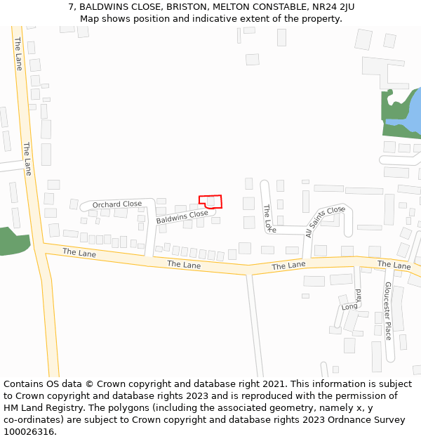 7, BALDWINS CLOSE, BRISTON, MELTON CONSTABLE, NR24 2JU: Location map and indicative extent of plot