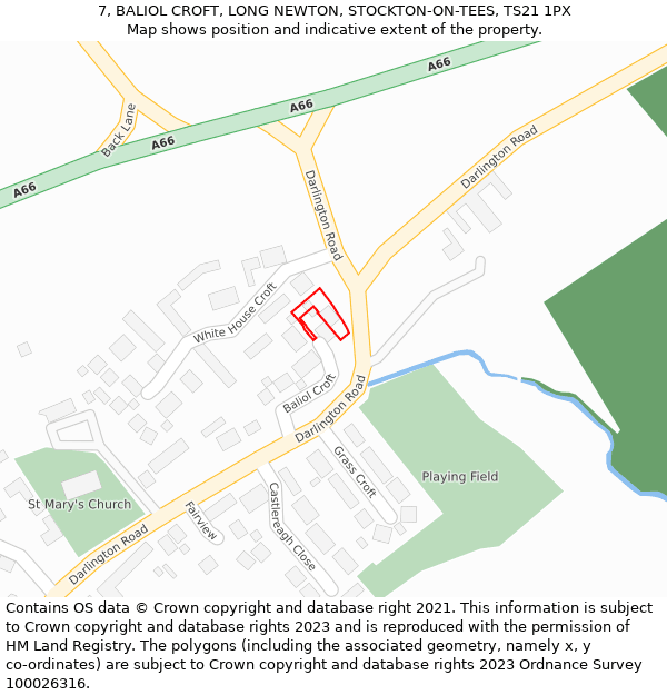 7, BALIOL CROFT, LONG NEWTON, STOCKTON-ON-TEES, TS21 1PX: Location map and indicative extent of plot