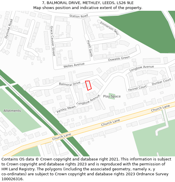 7, BALMORAL DRIVE, METHLEY, LEEDS, LS26 9LE: Location map and indicative extent of plot