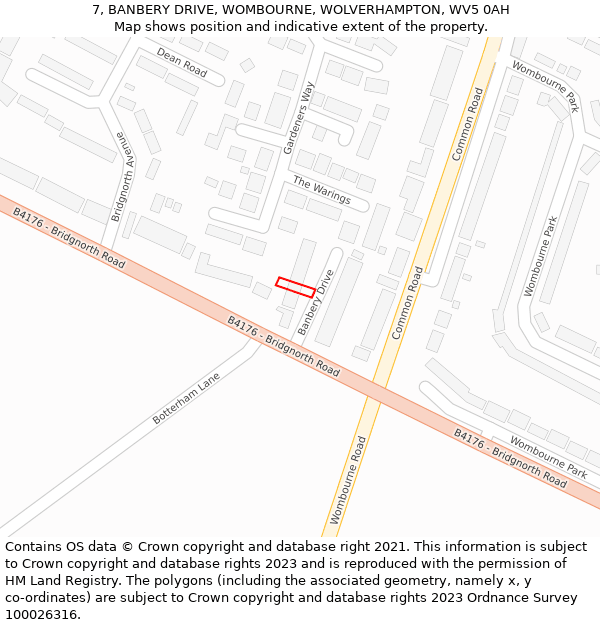 7, BANBERY DRIVE, WOMBOURNE, WOLVERHAMPTON, WV5 0AH: Location map and indicative extent of plot