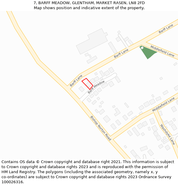 7, BARFF MEADOW, GLENTHAM, MARKET RASEN, LN8 2FD: Location map and indicative extent of plot