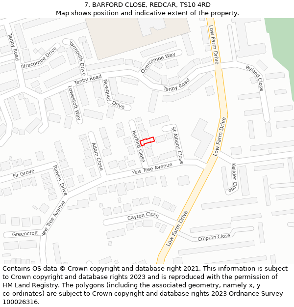 7, BARFORD CLOSE, REDCAR, TS10 4RD: Location map and indicative extent of plot