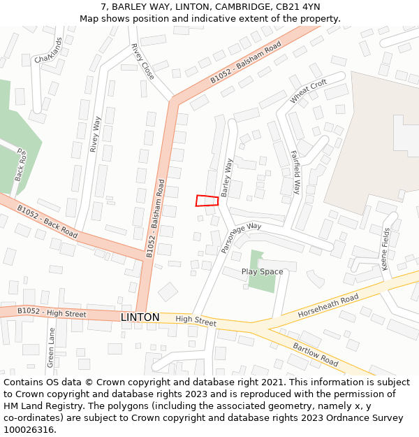 7, BARLEY WAY, LINTON, CAMBRIDGE, CB21 4YN: Location map and indicative extent of plot