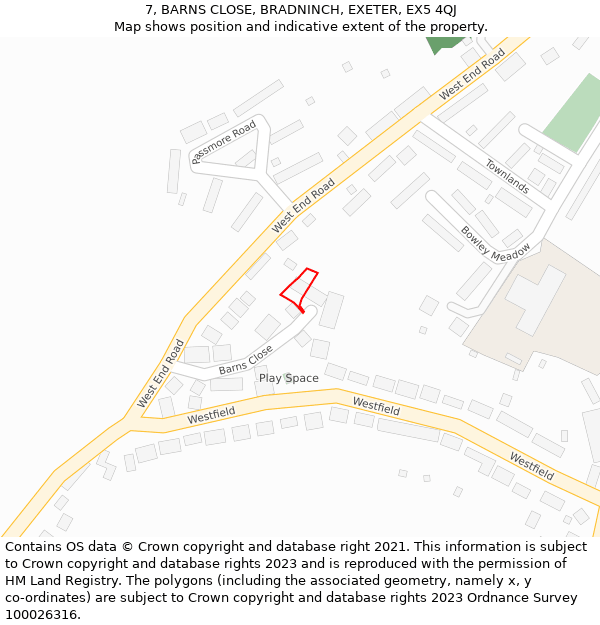 7, BARNS CLOSE, BRADNINCH, EXETER, EX5 4QJ: Location map and indicative extent of plot