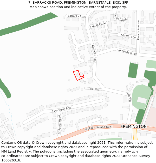 7, BARRACKS ROAD, FREMINGTON, BARNSTAPLE, EX31 3FP: Location map and indicative extent of plot