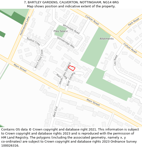 7, BARTLEY GARDENS, CALVERTON, NOTTINGHAM, NG14 6RG: Location map and indicative extent of plot