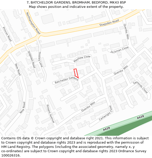 7, BATCHELDOR GARDENS, BROMHAM, BEDFORD, MK43 8SP: Location map and indicative extent of plot