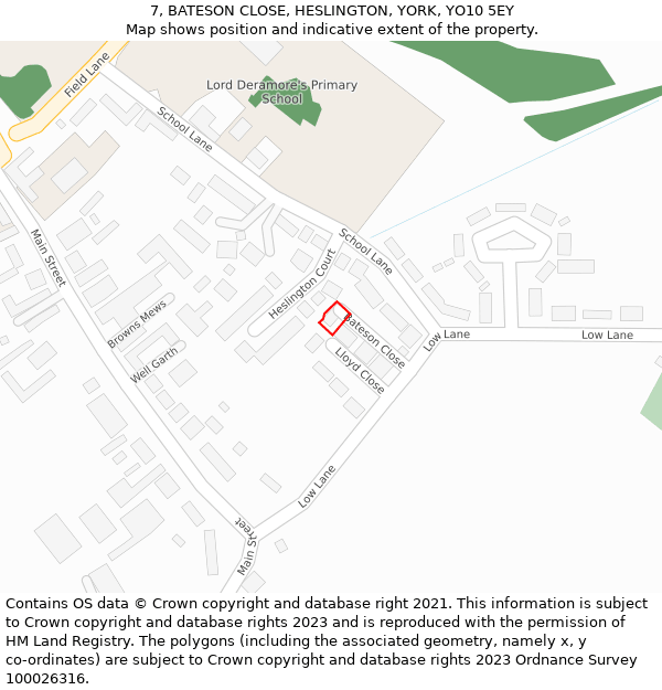 7, BATESON CLOSE, HESLINGTON, YORK, YO10 5EY: Location map and indicative extent of plot