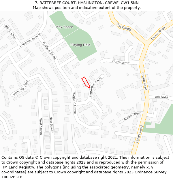 7, BATTERBEE COURT, HASLINGTON, CREWE, CW1 5NN: Location map and indicative extent of plot