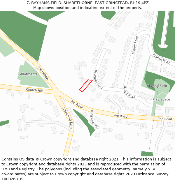 7, BAYHAMS FIELD, SHARPTHORNE, EAST GRINSTEAD, RH19 4PZ: Location map and indicative extent of plot