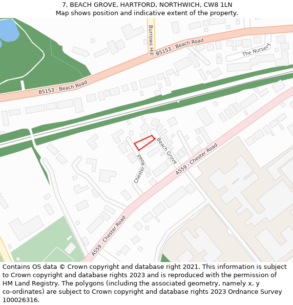 7, BEACH GROVE, HARTFORD, NORTHWICH, CW8 1LN: Location map and indicative extent of plot