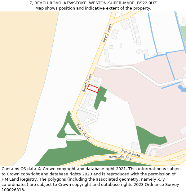 7, BEACH ROAD, KEWSTOKE, WESTON-SUPER-MARE, BS22 9UZ: Location map and indicative extent of plot