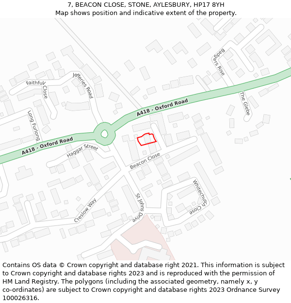 7, BEACON CLOSE, STONE, AYLESBURY, HP17 8YH: Location map and indicative extent of plot