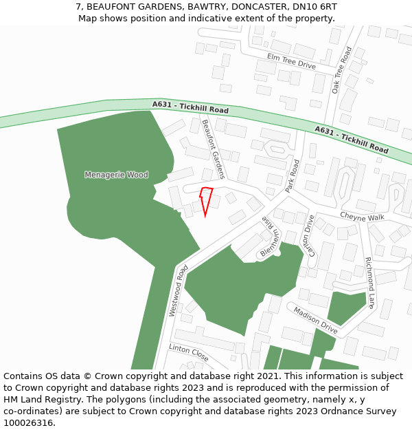 7, BEAUFONT GARDENS, BAWTRY, DONCASTER, DN10 6RT: Location map and indicative extent of plot