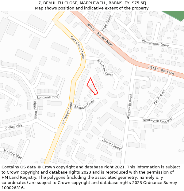 7, BEAULIEU CLOSE, MAPPLEWELL, BARNSLEY, S75 6FJ: Location map and indicative extent of plot