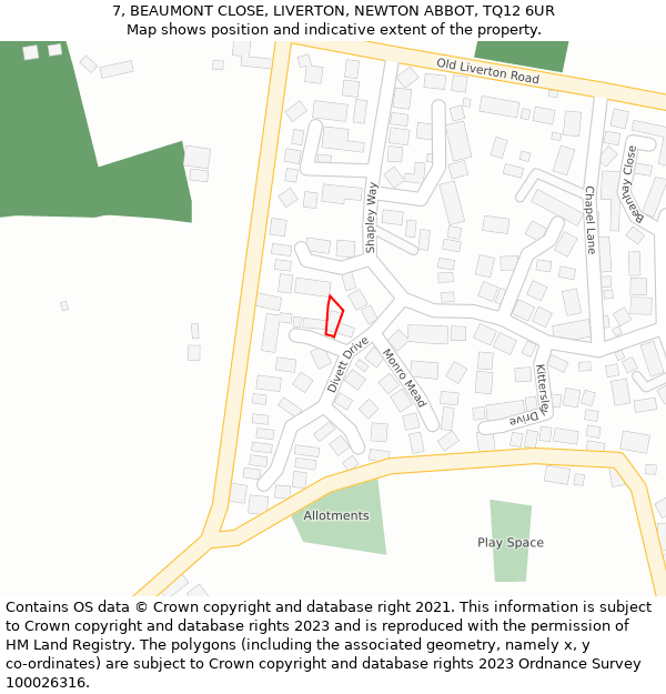 7, BEAUMONT CLOSE, LIVERTON, NEWTON ABBOT, TQ12 6UR: Location map and indicative extent of plot