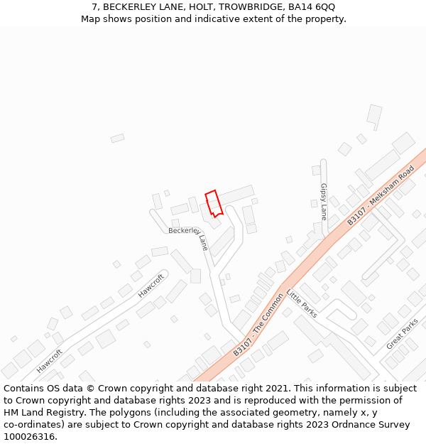 7, BECKERLEY LANE, HOLT, TROWBRIDGE, BA14 6QQ: Location map and indicative extent of plot