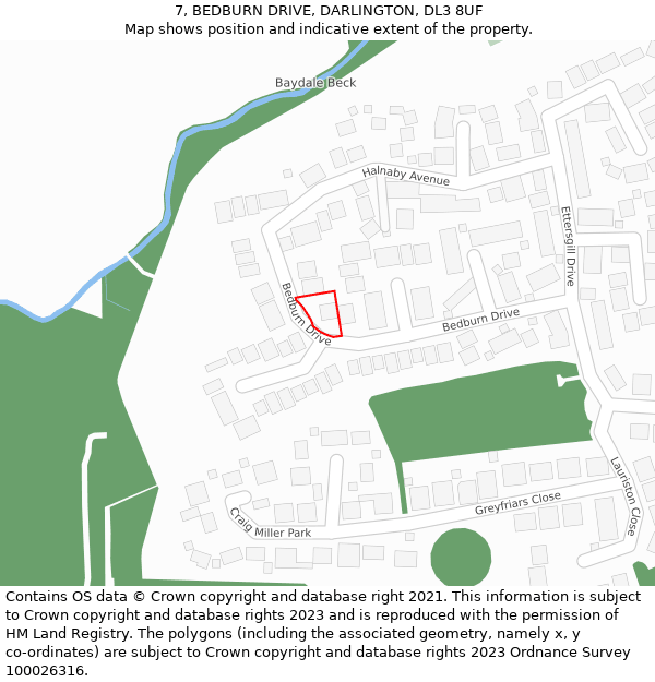 7, BEDBURN DRIVE, DARLINGTON, DL3 8UF: Location map and indicative extent of plot