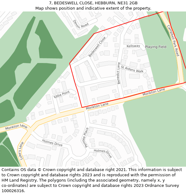 7, BEDESWELL CLOSE, HEBBURN, NE31 2GB: Location map and indicative extent of plot
