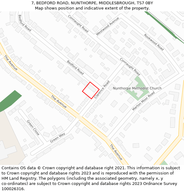 7, BEDFORD ROAD, NUNTHORPE, MIDDLESBROUGH, TS7 0BY: Location map and indicative extent of plot