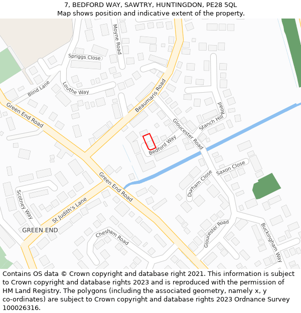 7, BEDFORD WAY, SAWTRY, HUNTINGDON, PE28 5QL: Location map and indicative extent of plot