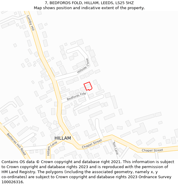 7, BEDFORDS FOLD, HILLAM, LEEDS, LS25 5HZ: Location map and indicative extent of plot