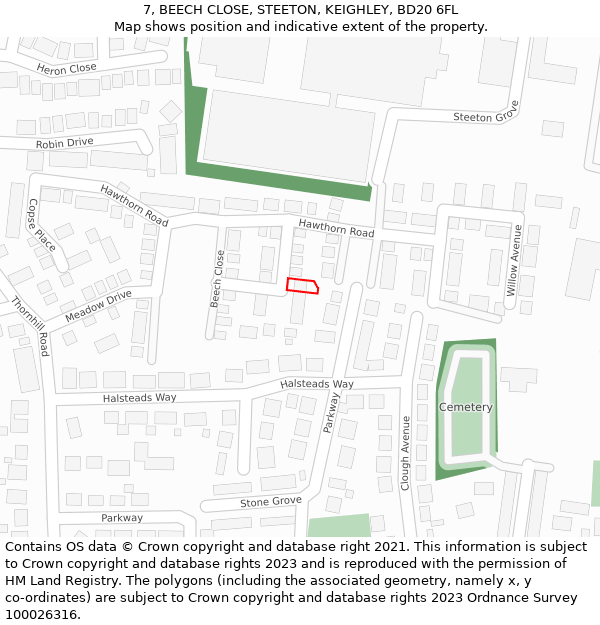 7, BEECH CLOSE, STEETON, KEIGHLEY, BD20 6FL: Location map and indicative extent of plot