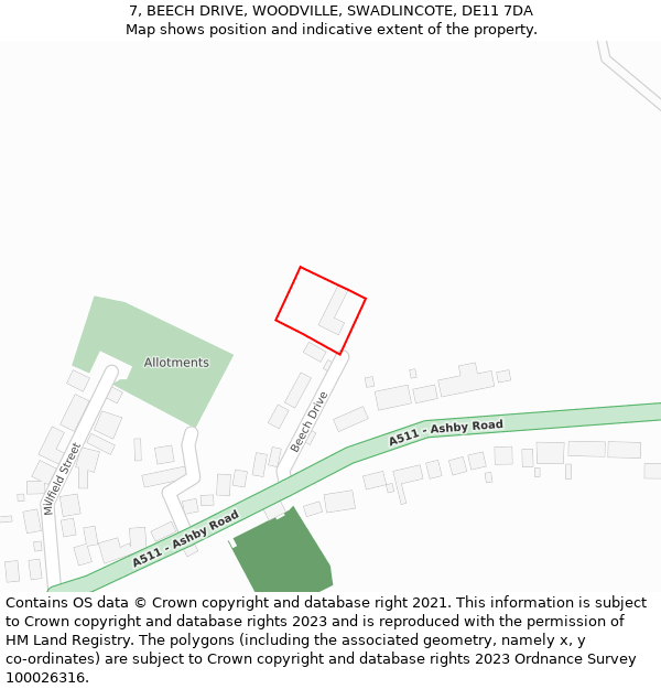 7, BEECH DRIVE, WOODVILLE, SWADLINCOTE, DE11 7DA: Location map and indicative extent of plot