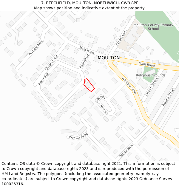 7, BEECHFIELD, MOULTON, NORTHWICH, CW9 8PF: Location map and indicative extent of plot