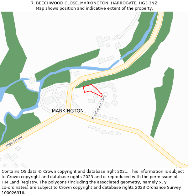 7, BEECHWOOD CLOSE, MARKINGTON, HARROGATE, HG3 3NZ: Location map and indicative extent of plot