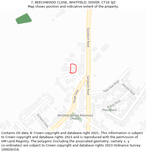 7, BEECHWOOD CLOSE, WHITFIELD, DOVER, CT16 3JZ: Location map and indicative extent of plot