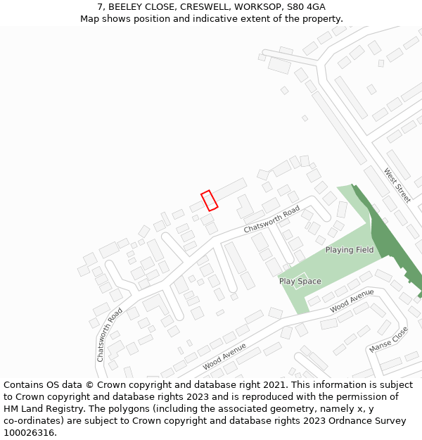 7, BEELEY CLOSE, CRESWELL, WORKSOP, S80 4GA: Location map and indicative extent of plot