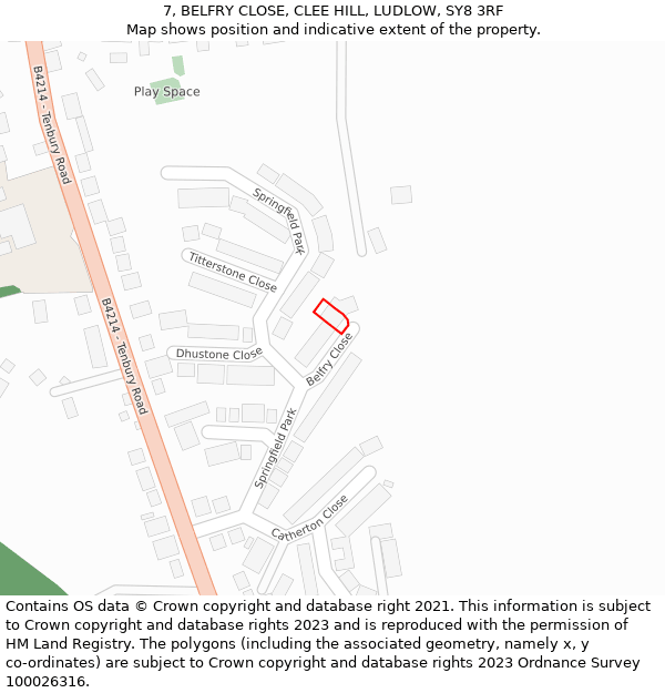 7, BELFRY CLOSE, CLEE HILL, LUDLOW, SY8 3RF: Location map and indicative extent of plot