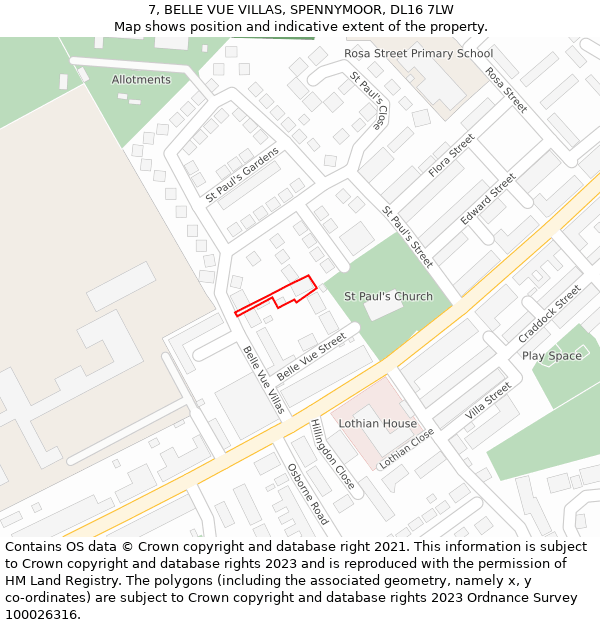 7, BELLE VUE VILLAS, SPENNYMOOR, DL16 7LW: Location map and indicative extent of plot