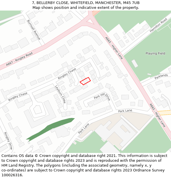 7, BELLERBY CLOSE, WHITEFIELD, MANCHESTER, M45 7UB: Location map and indicative extent of plot