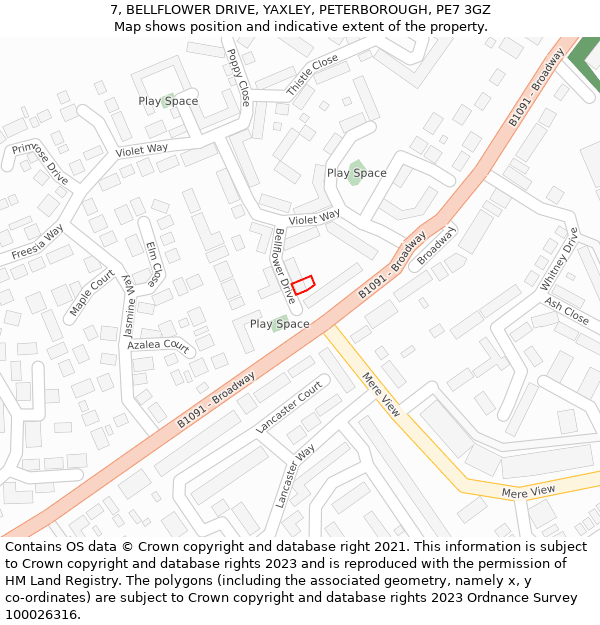 7, BELLFLOWER DRIVE, YAXLEY, PETERBOROUGH, PE7 3GZ: Location map and indicative extent of plot