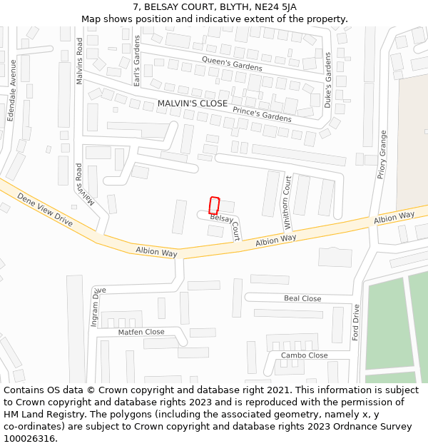 7, BELSAY COURT, BLYTH, NE24 5JA: Location map and indicative extent of plot